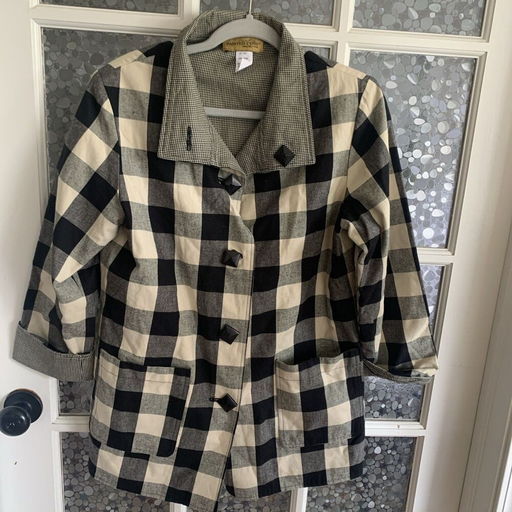 Painted Pony Jacket Cotton Plaid Houndstooth Sz M Made In USA Reversible